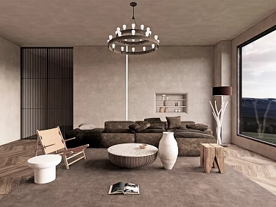 Modern Living Room Interior With Brown Sofa Chandelier Large Window Armchair And Coffee Table 3d model
