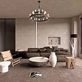 Modern Living Room Interior With Brown Sofa Chandelier Large Window Armchair And Coffee Table