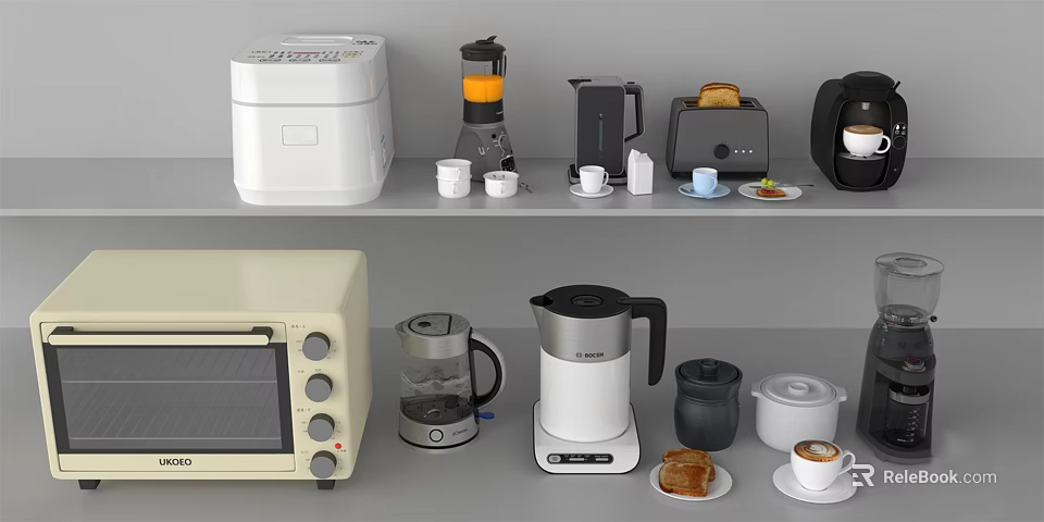 Essential Modern Kitchen Appliances Including Rice Cooker Blender Coffee Maker Toaster Microwave And Kettle 3d model 