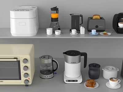 Essential Modern Kitchen Appliances Including Rice Cooker Blender Coffee Maker Toaster Microwave And Kettle 3d model