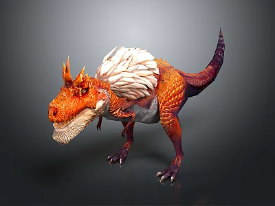 Fantasy Dinosaur Character With Orange Scales White Feathers And Horned Head 3d model