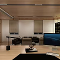 Modern Office Interior With Wooden Ceiling Desk Chairs Bookshelf Decorative Paintings And Natural Light