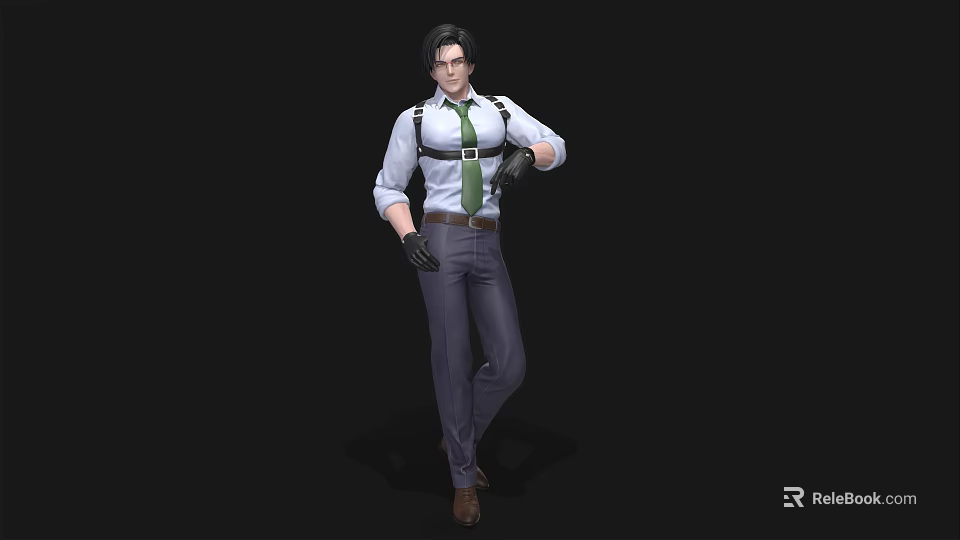 Man With Black Hair In White Shirt Green Tie Black Suspenders Black Gloves Standing Pose 3d model 