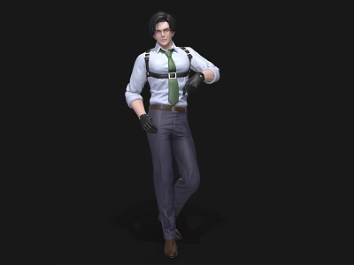 Man With Black Hair In White Shirt Green Tie Black Suspenders Black Gloves Standing Pose 3d model