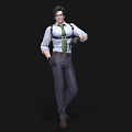 Man With Black Hair In White Shirt Green Tie Black Suspenders Black Gloves Standing Pose
