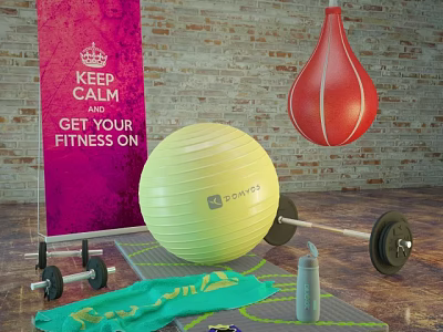 Essential Fitness Equipment Including Fitness Ball Red Punching Bag Barbell Dumbbells And Yoga Mat 3d model