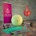 Essential Fitness Equipment Including Fitness Ball Red Punching Bag Barbell Dumbbells And Yoga Mat