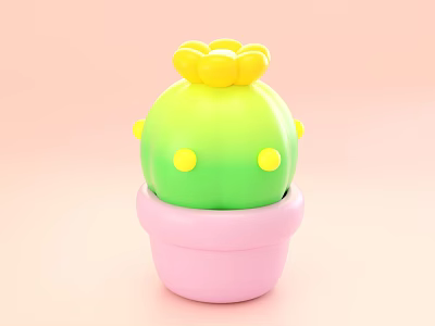 Green Cactus Bonsai Potted Plant With Yellow Flower And Pink Pot 3d model