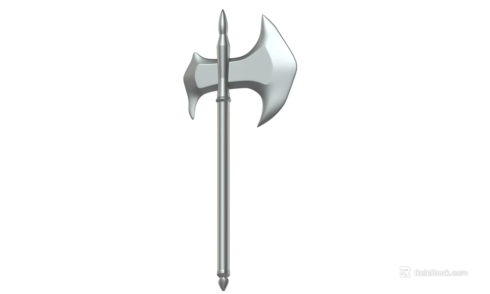 Silver Metal Battle Axe with Spiked Head and Long Handle Design Features 3d model 