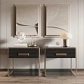 Two Modern Nightstands With Metal Frames Wall Art Table Lamp And Decorative Books