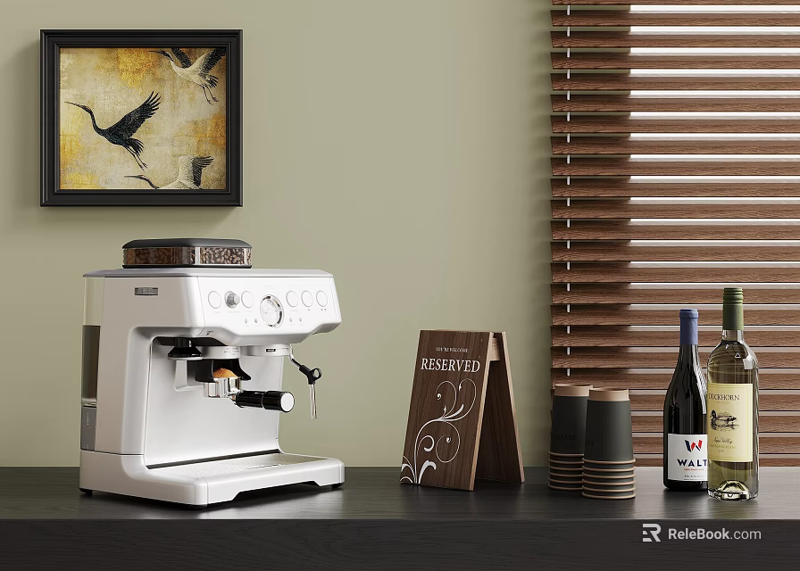 Stylish Home Coffee Machine With Menu Board Coffee Cups And Wooden Blinds 3d model 
