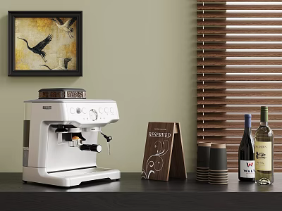 Stylish Home Coffee Machine With Menu Board Coffee Cups And Wooden Blinds 3d model