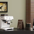 Stylish Home Coffee Machine With Menu Board Coffee Cups And Wooden Blinds