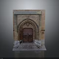 Traditional Building Facade Featuring Arched Doorway Red Wooden Doors Stone Steps And Ornate Carvings