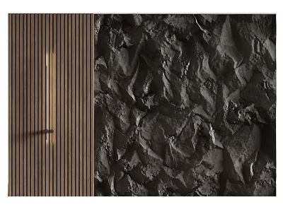 Wooden Slat And Rough Black Textured Background Wall Design For Interior Decor 3d model