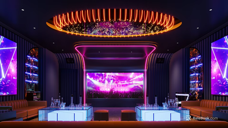 Modern KTV Interior With Neon Lights Large Screen Bar Counter And Seating Area 3d model 