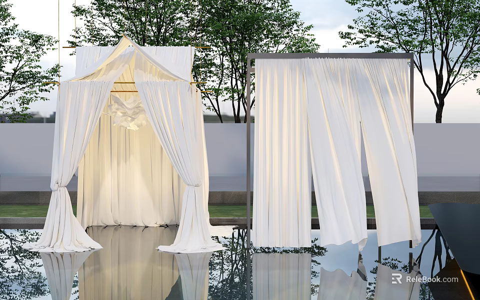 Outdoor Ceiling Drapery Setup In Garden Near Pool And Trees 3d model 