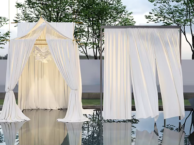 Outdoor Ceiling Drapery Setup In Garden Near Pool And Trees 3d model