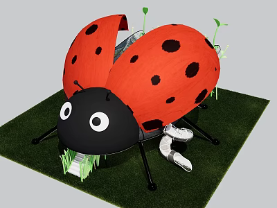 Ladybug Shaped Playground Equipment with Red Black Shell and White Slide for Kids on Grass 3d model