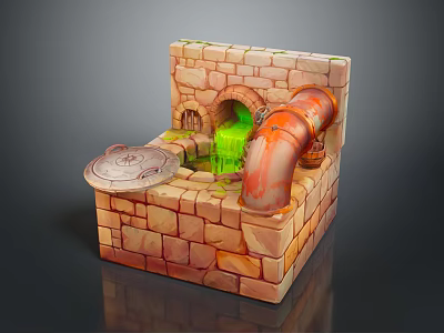 Brick Structure Equipment With Arched Entrance Green Liquid And Orange Pipe 3d model