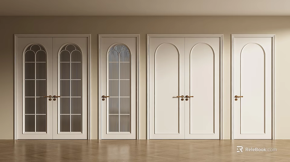 White Double Doors With Gold Handles In Interior Room With Wooden Floor 3d model 