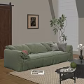 Green Velvet Sectional Sofa In Living Room With Throw Pillows Framed Artwork And Potted Plant