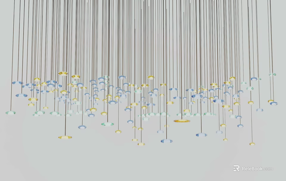 Elegant Modern Colorful Chandelier With Multiple Hanging Threads And Small Glass Orbs 3d model 