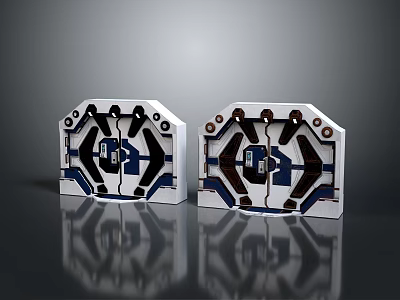 White Square Structural Components With Geometric Patterns Blue Brown Accents And Holes On Gray Background 3d model