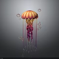 Vibrant Jellyfish with Pink and Orange Bell and Flowing Purple Tentacles Surrounded by Ornamental Circles