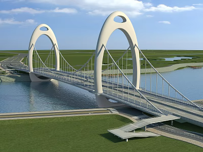 Modern Arch Bridge With White Curved Structures Spanning Calm Water And Green Grassland 3d model