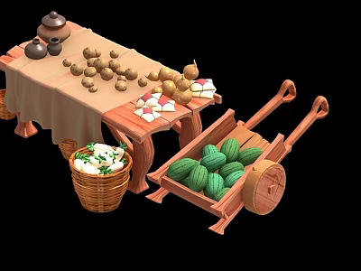 Rustic Wooden Table With Clay Pots Fruits And Basket Near Wooden Cart With Watermelons 3d model