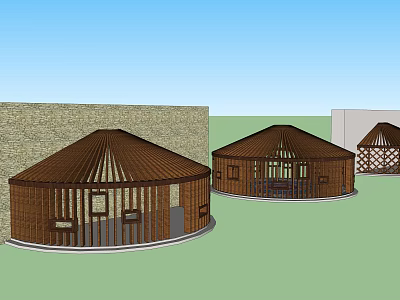 Three Circular Wooden Traditional Buildings with Stone Wall Background and Frame Structure 3d model