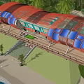 Modern Boutique Hotel Building Featuring Orange Blue Roof Palm Trees And Waterfront View