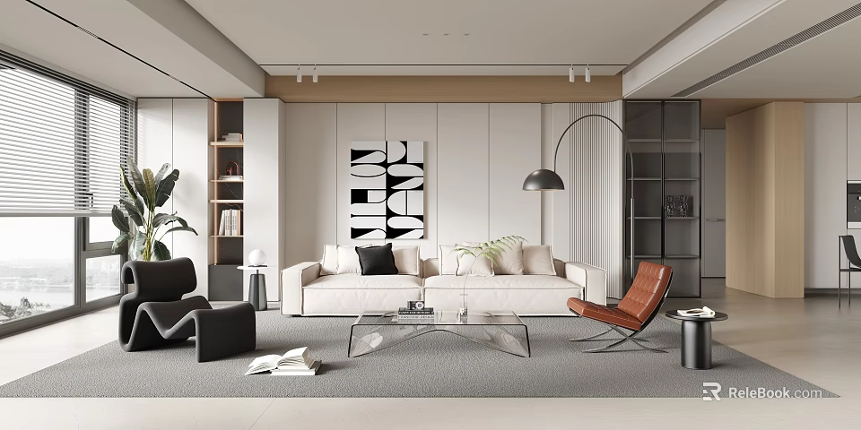 Modern Living Room Interior With White Sofa Brown Armchair And Abstract Wall Art 3d model 