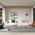 Modern Living Room Interior With White Sofa Brown Armchair And Abstract Wall Art