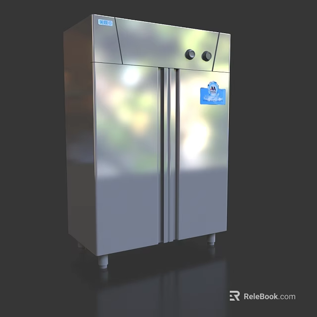 Stainless Steel Double Door Refrigerator With Temperature Control Knobs And Blue Label As Kitchen Appliance 3d model 