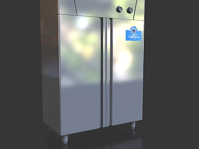 Stainless Steel Double Door Refrigerator With Temperature Control Knobs And Blue Label As Kitchen Appliance 3d model