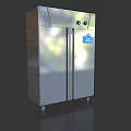 Stainless Steel Double Door Refrigerator With Temperature Control Knobs And Blue Label As Kitchen Appliance