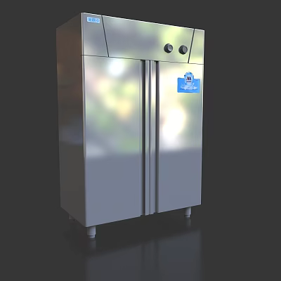 Stainless Steel Double Door Refrigerator With Temperature Control Knobs And Blue Label As Kitchen Appliance 3d model