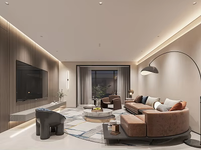 Modern Open Concept Living Dining Room With Brown Sofa TV Wall And Area Rug 3d model