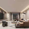 Modern Open Concept Living Dining Room With Brown Sofa TV Wall And Area Rug