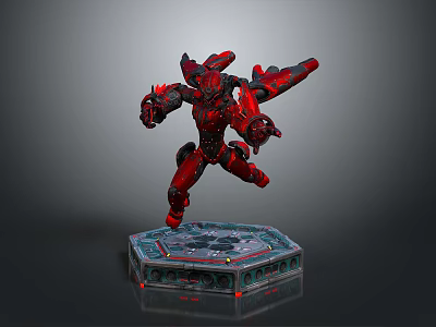 Red Mecha Game Movie Character In Battle Stance On Hexagonal Base With Glowing Mechanical Details 3d model