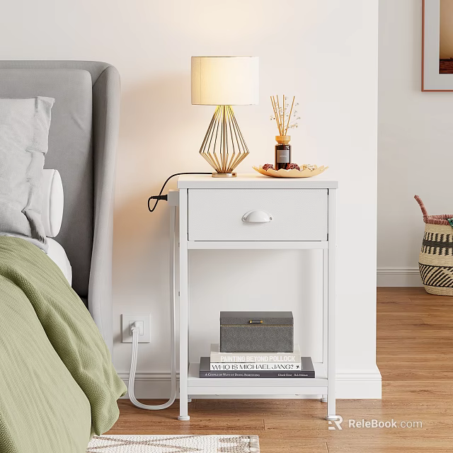 White Bedroom Shelving Unit With Drawer Lamp Diffuser Tray Books And Box 3d model 