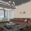 Cozy Living Room Interior with Brown Sofa Marble Coffee Table Wall Art and Green Plant