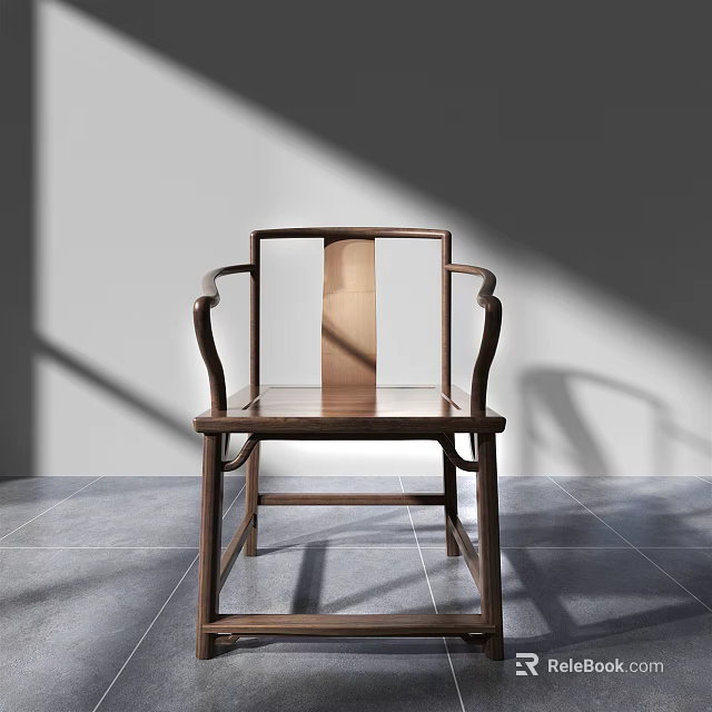 Wooden Leisure Chair With Square Back Design And Curved Armrests On Gray Floor Tiles 3d model 