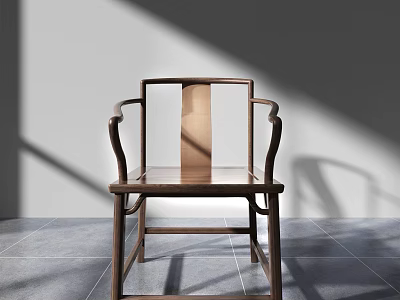 Wooden Leisure Chair With Square Back Design And Curved Armrests On Gray Floor Tiles 3d model