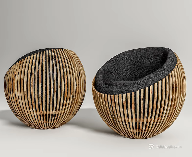 Modern Round Single Seater Sofa with Wooden Stripes and Black Cushion 3d model 