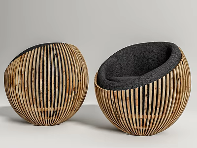 Modern Round Single Seater Sofa with Wooden Stripes and Black Cushion 3d model