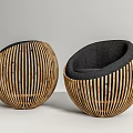 Modern Round Single Seater Sofa with Wooden Stripes and Black Cushion