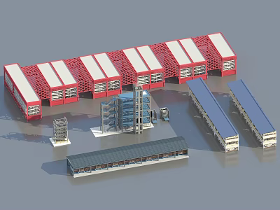3D Model of Multiple Long Industrial Buildings Featuring Red White Exteriors Blue Roofs and Frameworks 3d model